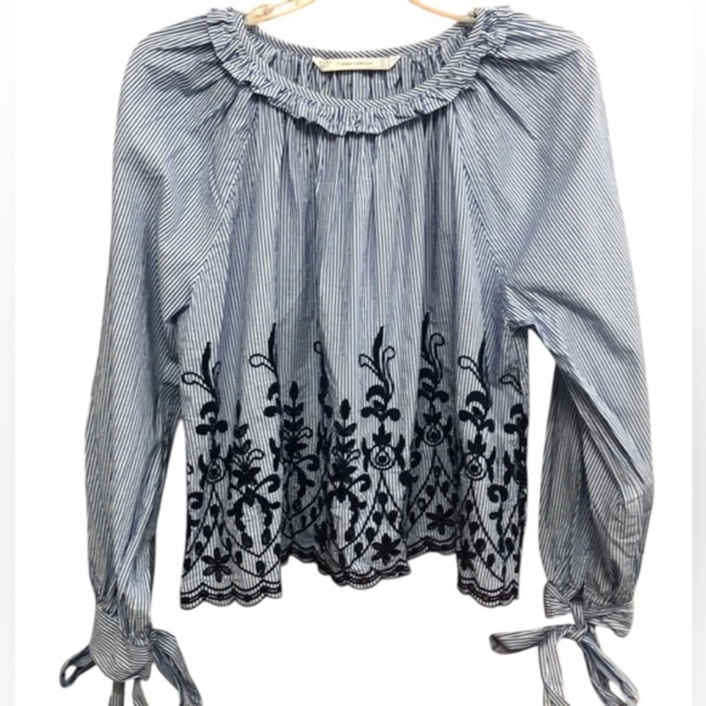 ZARA EMBROIDERED STRIPED BLOUSE S